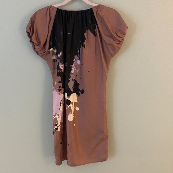Alexander McQueen McQ paint splatter silk mini dress in Mocha - Picture 3 of 6